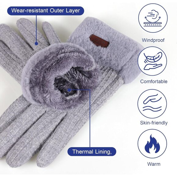 Women's Grey Winter Warm Touchscreen Windproof Girls Winter Using Gifts Gloves - Picture 2 of 7